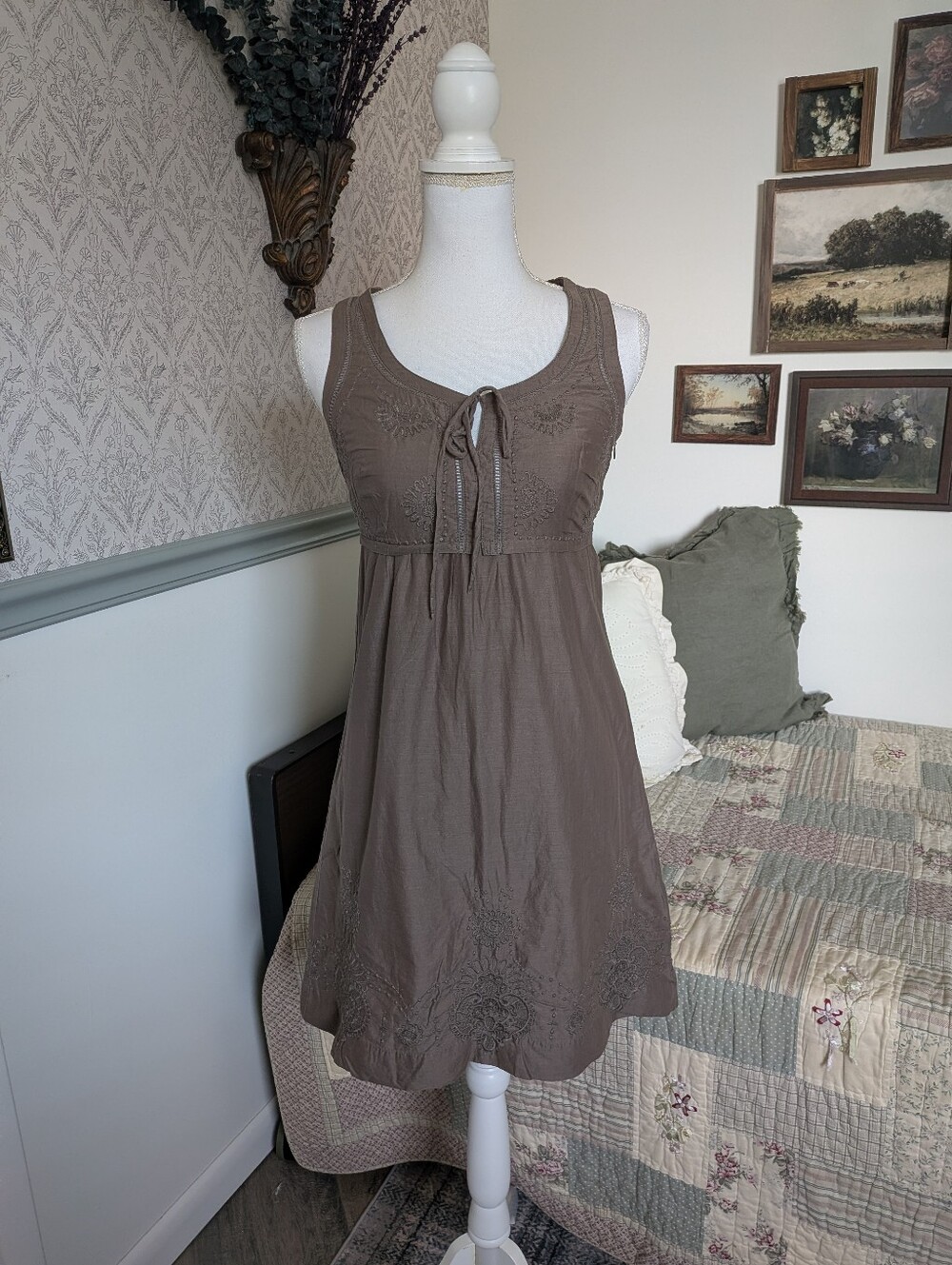 Esprit Collection 100% Cotton Embroidered Tie Front Babydoll Dress 4